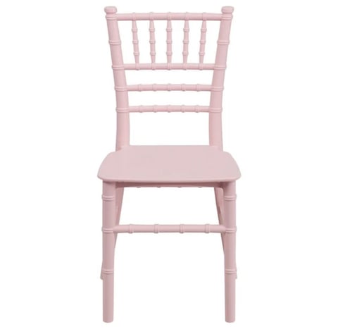 Pink Chiavari chair with vertical spindle back and padded seat, shown from front view