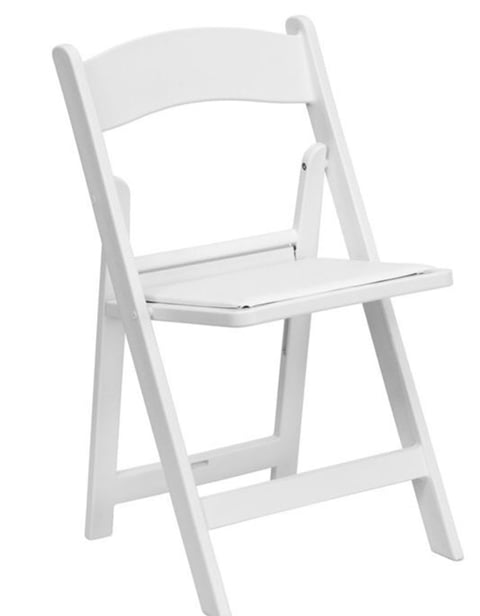 White plastic folding chair with seat pad viewed from front angle